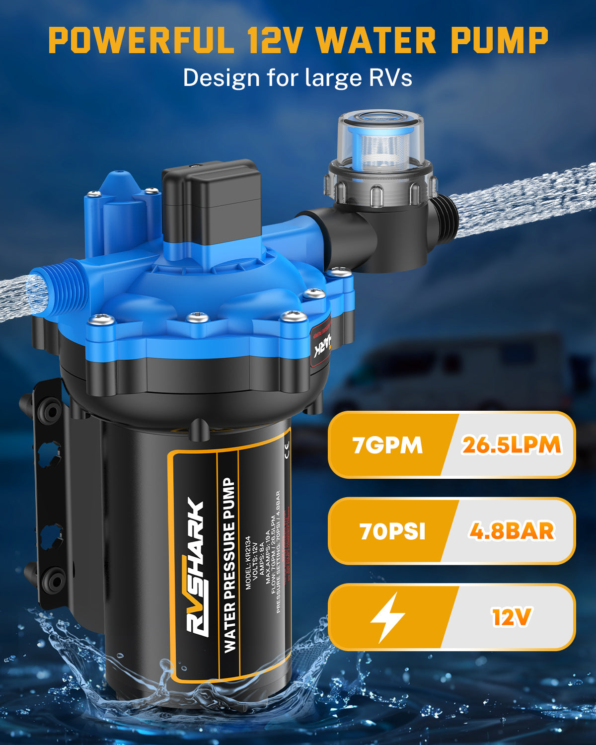 Upgraded Self Priming RV Fresh Water Pump 7 GPM 70 PSI with Strainer