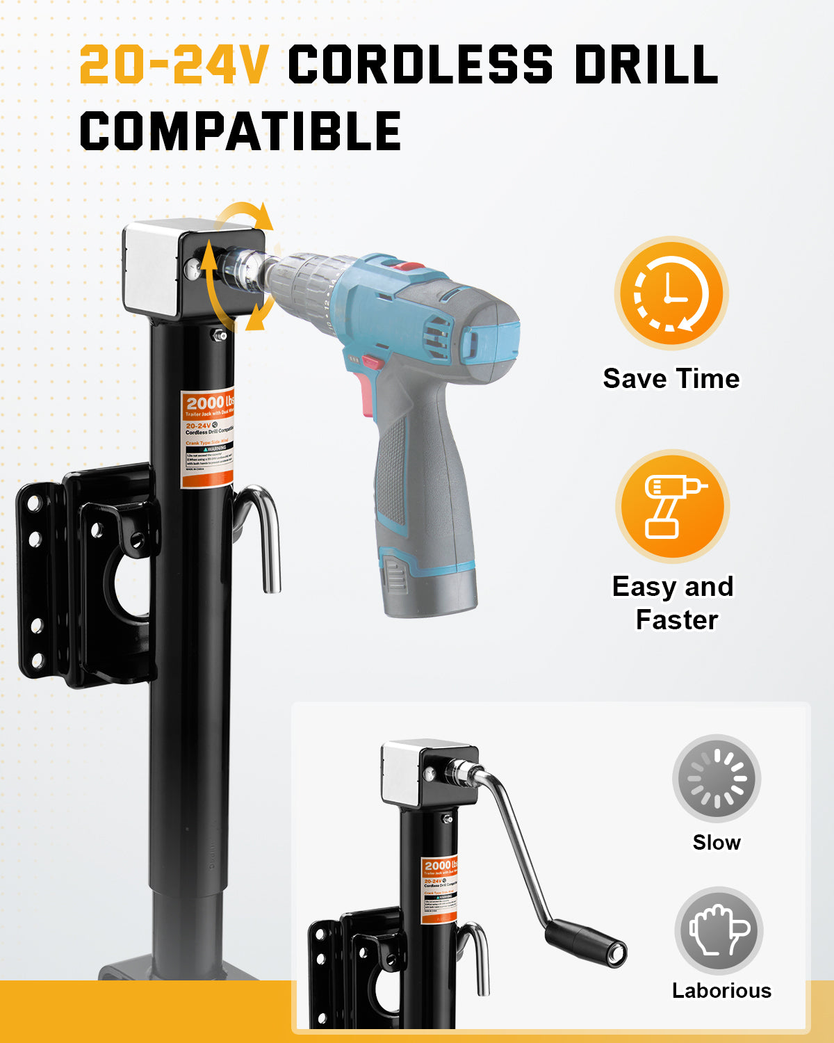 2,000 lbs Trailer Wheel Jack for RV & Boat, Fit 20-24V Cordless Drill