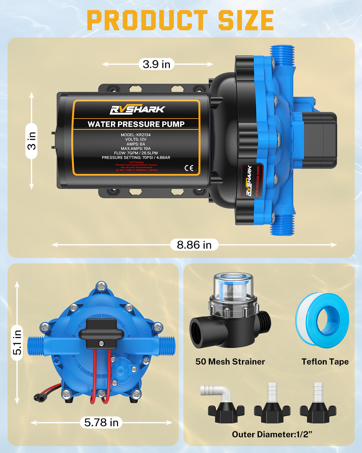 Upgraded Self Priming RV Fresh Water Pump 7 GPM 70 PSI with Strainer